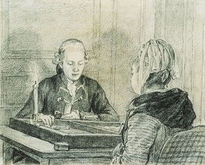 Ett sittande par, damen sedd bakifrån, spelar Backgammon med levande ljus av Charles Nicolas II Cochin