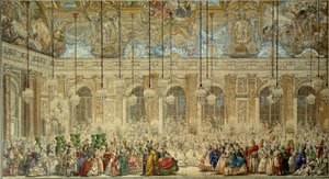 Bollmask eller boll av Ifs ger för Louis Dauphins bröllop (1729-1765) med Marie Therese (Marie-Therese) från Spanien i Glace Gallery i Versailles i februari 1745 Teckning i penna och bläck av Charles Nicolas Cochin le Jeune (1715-1790)