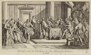 Etablering av Academie des Jeux Floraux, det äldsta litterära samfundet i västvärlden, Toulouse, Frankrike av Charles Nicolas II Cochin