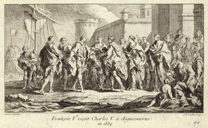 Kung Frans I av Frankrike tar emot kejsar Karl V i Aigues-Mortes av Charles Nicolas II Cochin