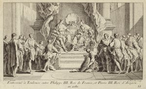 Möte i Toulouse mellan kung Filip III av Frankrike och kung Peter III av Aragon av Charles Nicolas II Cochin