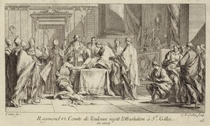 Raymond VI, greve av Toulouse, ödmjukar sig vid kyrkan St Gilles för att få sin bannlysning upphävd