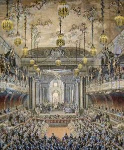 Representation av balettkomedin "La Princesse de Navarre"" i Versailles, med anledning av Louis Dauphins äktenskap med Marie Therese (Marie-Therese) från Spanien (1726-1746) i Versailles den 23 februari av Charles Nicolas II Cochin