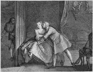 Öronmakaren och formställsillustrationen för Les contes de La Fontaine, cirka 1743”. gravyr av Charles-Nicolas Cochin (1715-1790). av Charles Nicolas II Cochin