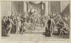 Charles VIII av Frankrike håller en utfrågning till deputerade från Languedoc på General Estates i Tours av Charles Nicolas II Cochin