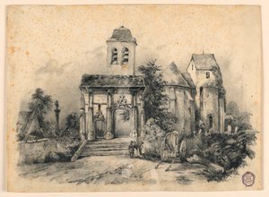Tre figurer framför en kyrka