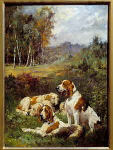 Fyra jakthundar. Målning av Charles Olivier De Penne (1831-1897)