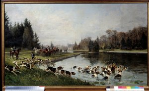 Jaga en ras: "" Hjortens hallali vid Sulvies dammen, jakten på hertigen av Aumale"" Målning av Charles Olivier de Penne (1831-1897) 1880 Sön. 0,77x1,33 m Chantilly, musee Conde - Jakt på hundar: Halloos av rådjur vid Sulvies damm, jakt på