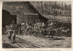 Reno-stationen, för att ta bocken för Virginia City (Nevada), på Central Pacific Railway (Central Pacific), graverad efter ritningen av O. de Penne, som illustrerar resan från Washington till San Francisco, 1868, av L. Simonin, publicerad i "Le t
