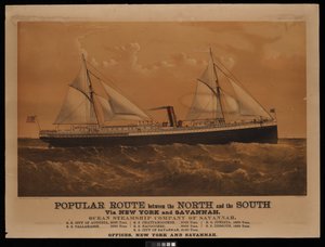 Populär rutt mellan norr och söder via New York och Savannah, Ocean Steamship Company of Savannah... Staden Augusta... (litografi, färglagd) av Charles Parsons