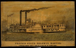 Prairie State. Baldwin, mästare. Ett reguljärt paket från St Louis till La Salle, på Illinoisfloden (litografi, färglagd) av Charles Parsons