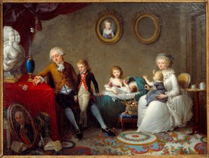 Familjen till Jean Pierre Dourcet Familj av den rojalistiska adeln vid tiden för revolutionen. En blomma av lilja placeras på bordet och byster av kungen och drottningen. Målning av Charles Landon (1760-1826) Grenoble Musee des Beaux Arts från 1800-talet