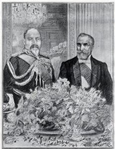 Hjärtligt: Frankrikes president Emile Loubets besök i London - banketten på den franska ambassaden - kung Edward VII och Loubet - ritad av Paul Renouard för tidningen The Graphic. juli 1903. av Charles Paul Renouard