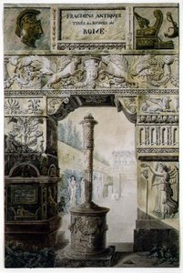 Antika fragment från forntida Rome, design för en titelsida från "Palats, hus och andra moderna byggnader, teckningar i Rome" av Charles Percier och Francois Leonard Fontaine (1762-1853) pub. Paris