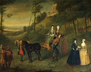 Ladies and Maids of Honor i Greenwich Park: Ett gruppporträtt av Juliana, hertiginnan av Leeds, Lady Charlotte Hamilton, Lady Isabella Tufton och Henrietta, grevinnan av Pomfret, alla bära ridvanor, med brudgum och hästar framför observatoriet, 173