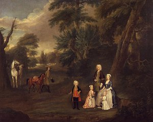 Thomas Hill av Tern och hans familj i ett landskap, 1730