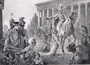 Alexander vid plundringen av Thebe 335 f.Kr., illustration från "Hutchinson
