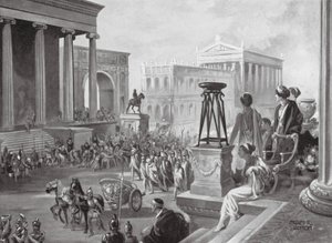 De achaiska ledarna bärs till Rom, 167 f.Kr (litografi) av Charles Rebel Stanton
