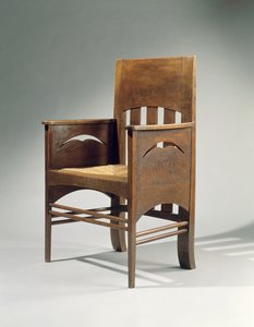 Fåtölj, designad 1897 (ek med ryggsits) av Charles Rennie Mackintosh