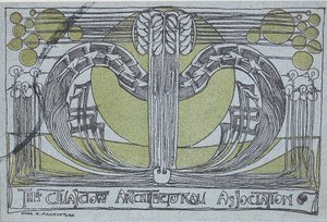 Conversazione Program for the Glasgow Architectural Association, 1894 (linosnitt tryckt i svart och grönt på ljusblått papper) av Charles Rennie Mackintosh