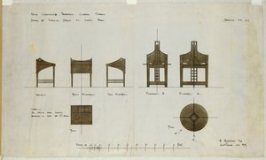 Mönster för skrivbord som visas på fram- och sidohöjder, för Ingram Street Tea Rooms, 1909 av Charles Rennie Mackintosh