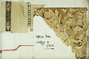 Intarsia Panel, Certosa di Pavia, 1891 (penna och akvarell på papper) av Charles Rennie Mackintosh
