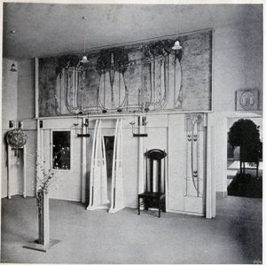 Invändig vy av en dekorativ konstsalong i Wien, cirka 1900 (dekor och möbler av Charles Rennie och Margaret MacDonald Mackintosh) av Charles Rennie Mackintosh