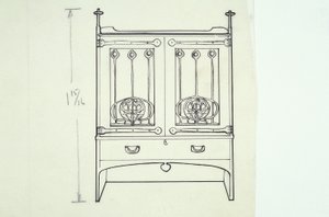 Linjeteckning av möbler (ett toalettbord), ca 1910 (bläck på papper) av Charles Rennie Mackintosh