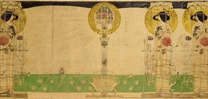 Preliminär design för väggmålningsdekoration av rummet på första våningen i Miss Cranstons Buchanan Street Tearooms, 18967 (penna och wc på kalkerpapper) av Charles Rennie Mackintosh