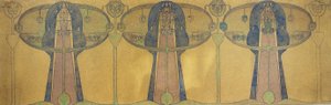 Dekorativ fris av stiliserade mänskliga figurer, träd och växtformer, ca 1895 (penna och akvarell på grått konstpapper) av Charles Rennie Mackintosh
