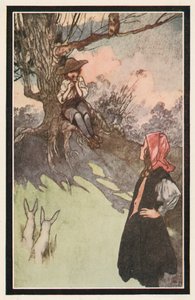 En pojke satt under ett träd och lekte på ett grovt trärör av Charles Robinson
