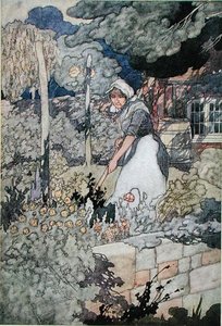 En stuga trädgård, publicerad 1912 (färg litho) av Charles Robinson