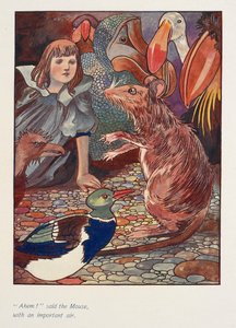 "Ahem!" sa musen, med en viktig min.
Alice med en mus och andra djur. av Charles Robinson
