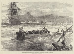 Den brittiska ockupationen av Cypern, hästar som går i land på redden i Larnaca. av Sir John Charles Robinson
