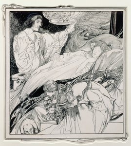 Där låg hon och såg så vacker ut, illustration från Briar Rose, The True Annals of Fairyland - The Reign of King Herla, pub. av J.M. Dent & Co. Ltd., 1900 av Charles Robinson