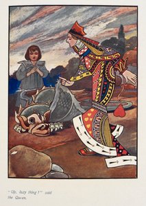 "Upp med lata saken!" sa drottningen.
Alice och den röda hjärterdrottningen. av Charles Robinson