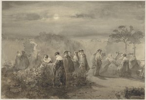 Sällskap av damer och herrar i en månbelyst trädgård med rosenbuskar av Charles Rochussen