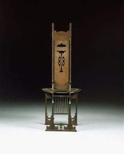 En sidostol, med genomborrad design, ca 1899 (snickrad ek) av Charles Rohlfs