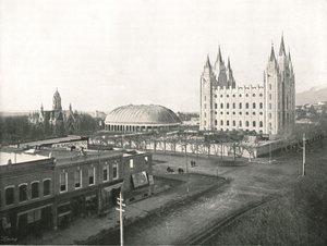 Samlingssalen, Tabernaklet och Mormontemplet, Salt Lake City, USA, 1895.