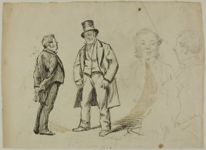 Skiss av två stående män och två porträtt av Charles Samuel Keene