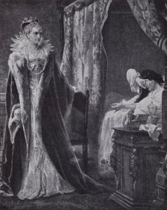 Grevinnan av Nottingham lämnade tillbaka Earl of Essex ring till drottning Elizabeth I, men för sent för att rädda honom från avrättning (litho) av Charles Soubre