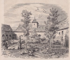 Interiörvy av en gård, från Le Magasin Pittoresque, ca. 1852.