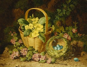 Primrosor i en korg, Japonica och ett fågelbo,