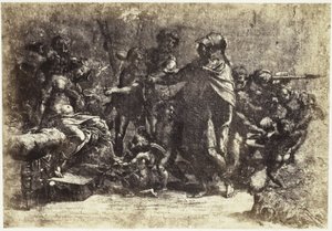 Fotoreproduktion av en teckning av Raphael, scen med soldater, en naken kvinna och en ängel