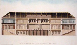 Tvärsnitt av Palais des Etats Generaux, Bryssel, från "Val av de mest anmärkningsvärda monumenten, byggnaderna och husen i Konungariket Nederländerna" av Pierre Jacques Goetghebuer, publicerad 1827 (akvatint) (se även 189231) av Charles Vander Straeten