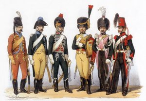 Franska arméns dräkter: Lancers g-d: 1745 filjägare (under Louis XV); 1785 under Ludvig XVI; 1794 republik; 1810 imperiale garde (1:a riket); 1824 kunglig garde (restaurering); 1840, teckning av Charles Vernier (1831-1887).