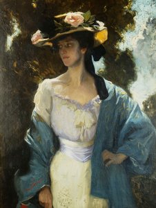 Porträtt av Frances Josephine Furse, konstnärens svägerska i en blå orientalisk jacka, 1903