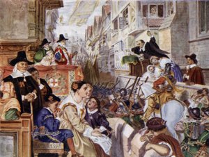 Londons soldater kommer att slåss på den parlamentariska sidan mot kung Charles I i det engelska inbördeskriget (färg litho)