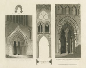 Lichfield Cathedral - West Entrance, North Entrance och Nave: akvatintgravyr av Charles Wild