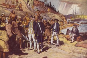 Captain Cook på Nootka (färg litho)
